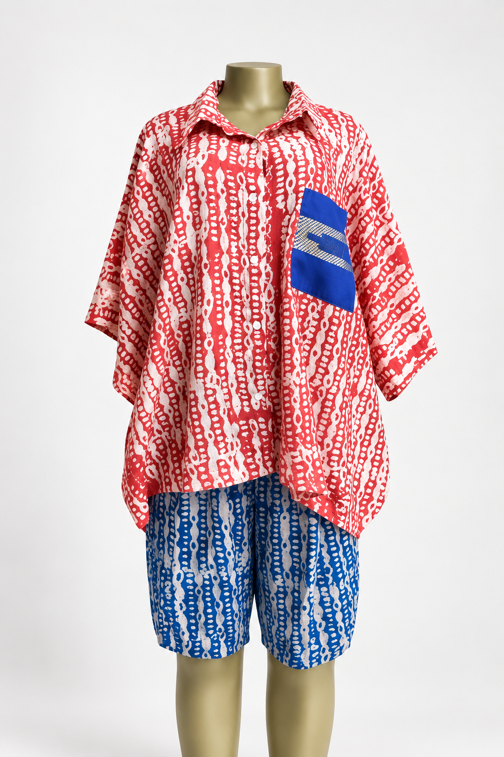 Red & Blue Adire Shirt and Shorts Set